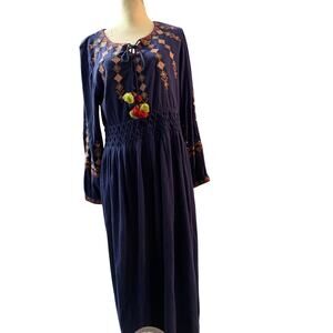 Soft Surroundings Smocked Embroidered Dress Size LP Socorro Boho Blue Pullover